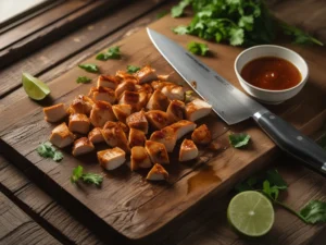 Hand-chopped chipotle honey chicken on cutting board in rough Chipotle-style pieces