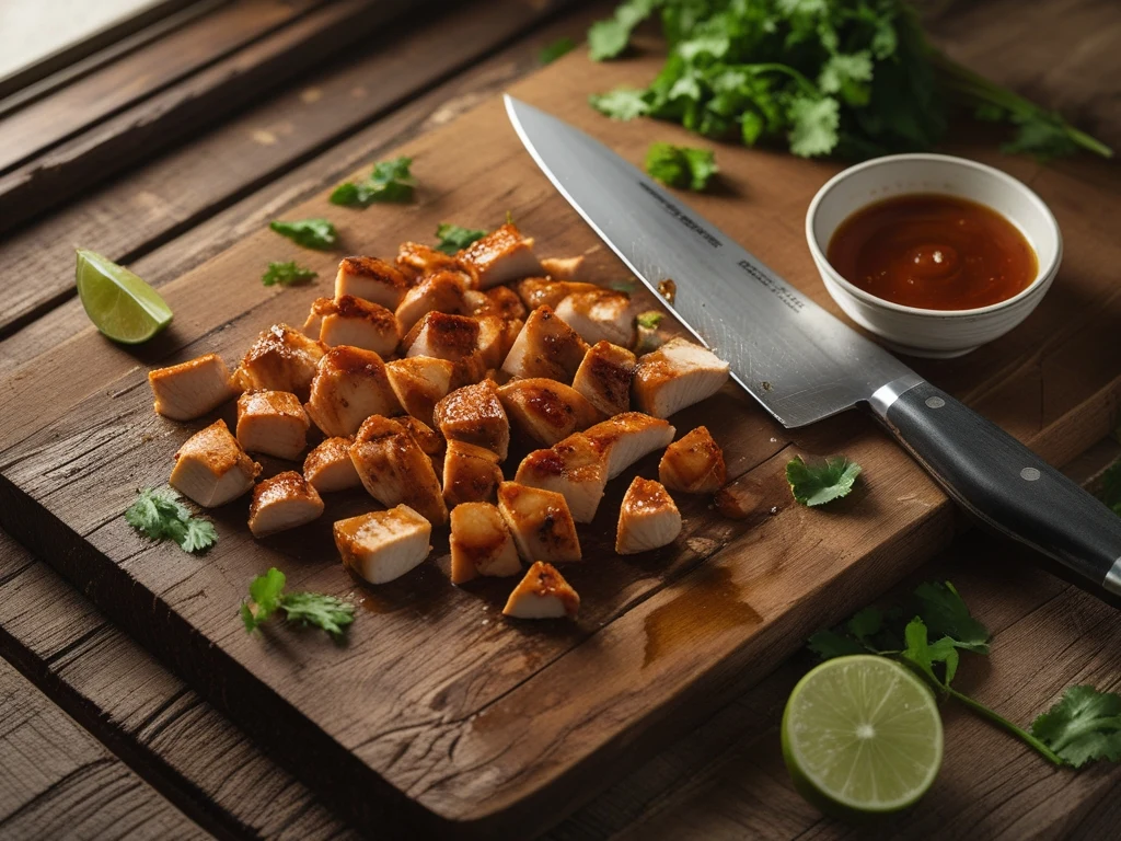 Hand-chopped chipotle honey chicken on cutting board in rough Chipotle-style pieces