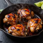 Chipotle honey chicken thighs with caramelized glaze in a cast iron skillet