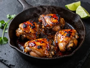 Chipotle honey chicken thighs with caramelized glaze in a cast iron skillet