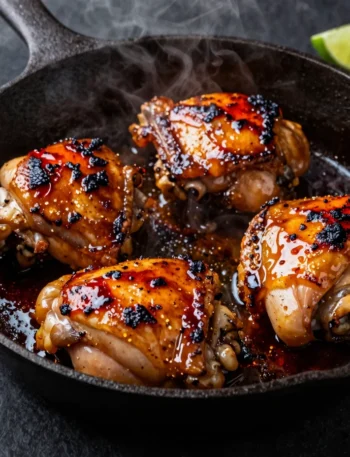 Chipotle honey chicken thighs with caramelized glaze in a cast iron skillet