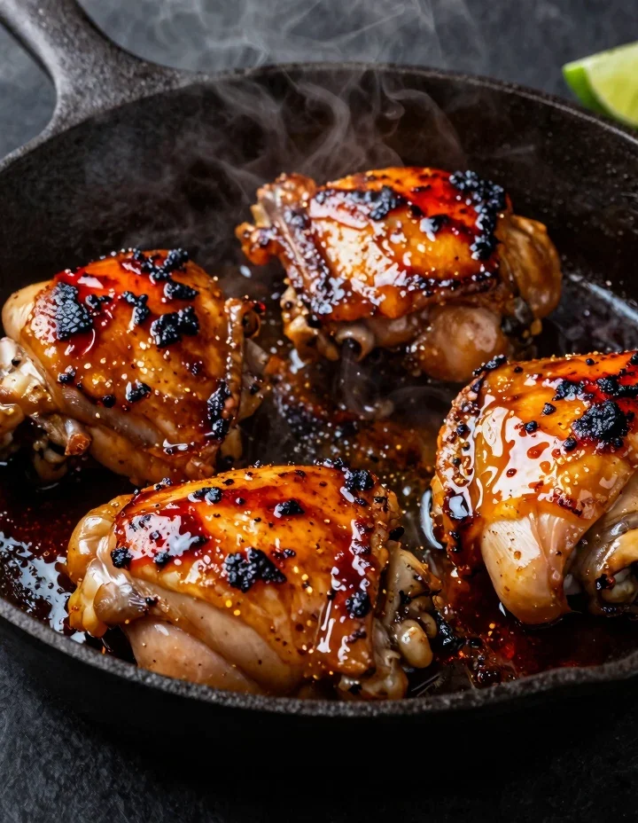 Chipotle honey chicken thighs with caramelized glaze in a cast iron skillet