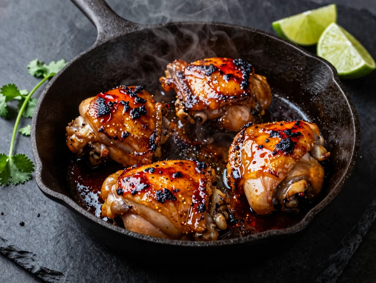 Chipotle honey chicken thighs with caramelized glaze in a cast iron skillet