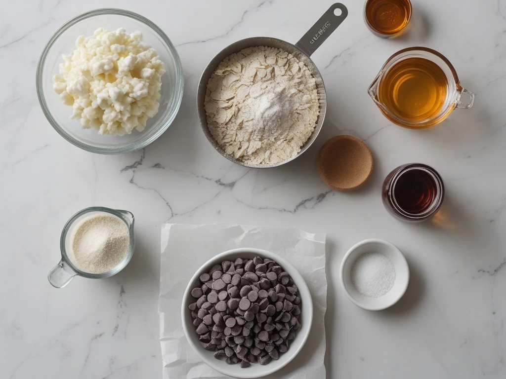 Ingredients for cottage cheese cookie dough: cottage cheese, oat flour, maple syrup, vanilla, chocolate chips laid out on counter