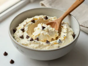 Bowl of cottage cheese cookie dough with chocolate chips, served with a spoon on a marble surface