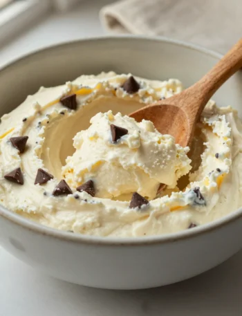Bowl of cottage cheese cookie dough with chocolate chips, served with a spoon on a marble surface