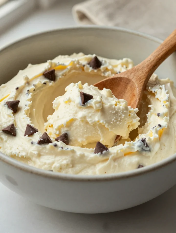 Bowl of cottage cheese cookie dough with chocolate chips, served with a spoon on a marble surface