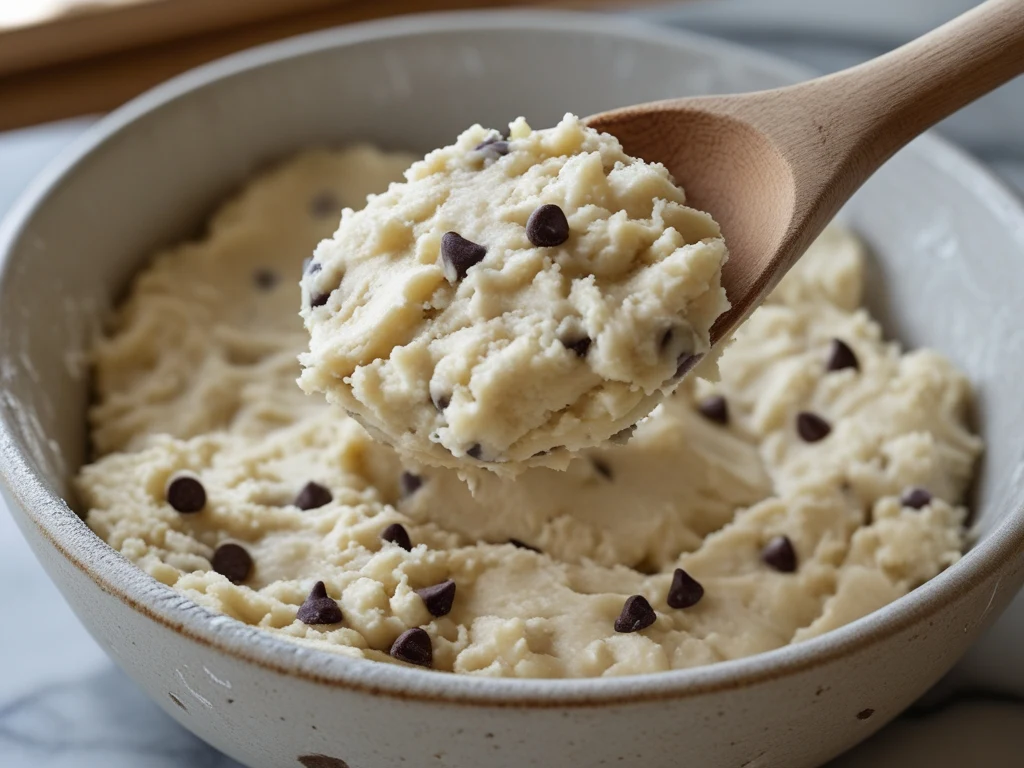 Close-up of creamy blended cottage cheese cookie dough texture being scooped from bowl