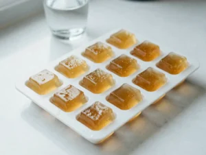 Gelatin weight loss cubes recipe — golden amber cubes glistening in a silicone tray on white marble