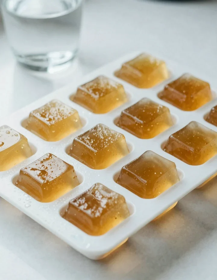 Gelatin weight loss cubes recipe — golden amber cubes glistening in a silicone tray on white marble