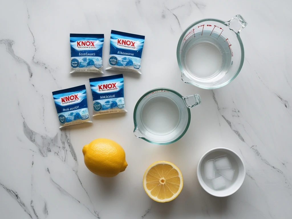 Ingredients for gelatin weight loss cubes — Knox unflavored gelatin packets, water, and a halved lemon on white marble