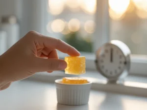 Hand holding a single golden gelatin cube before a meal with a kitchen timer in the background
