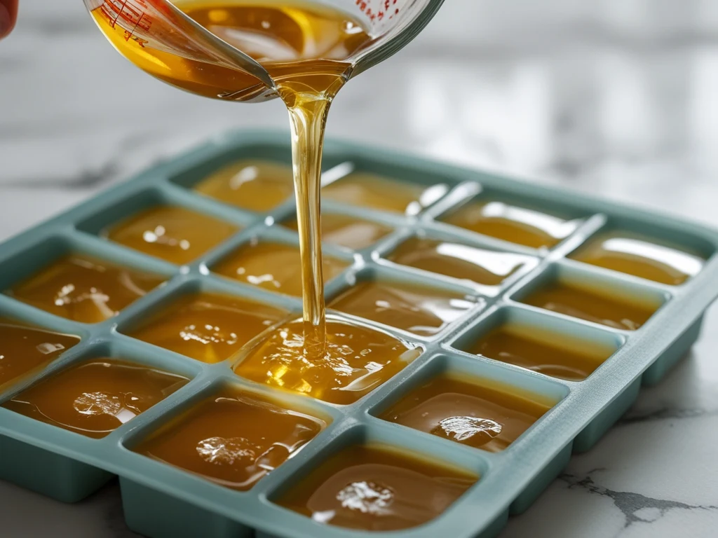 Pouring dissolved gelatin liquid from a glass measuring cup into a silicone cube tray
