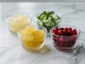 Four flavor variations of gelatin weight loss cubes in clear glass bowls — plain, citrus, pomegranate, and cucumber mint