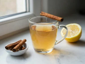 glucose reset ritual recipe in a clear glass mug with cinnamon and lemon on marble counter