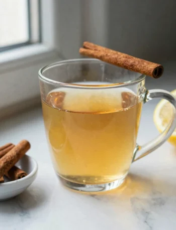 glucose reset ritual recipe in a clear glass mug with cinnamon and lemon on marble counter