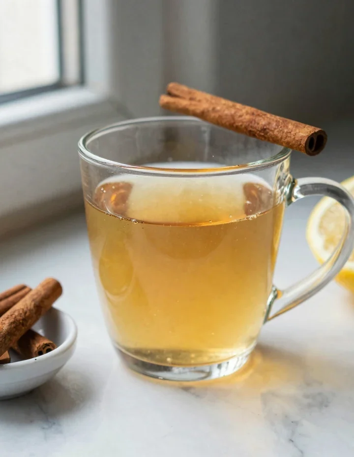 glucose reset ritual recipe in a clear glass mug with cinnamon and lemon on marble counter