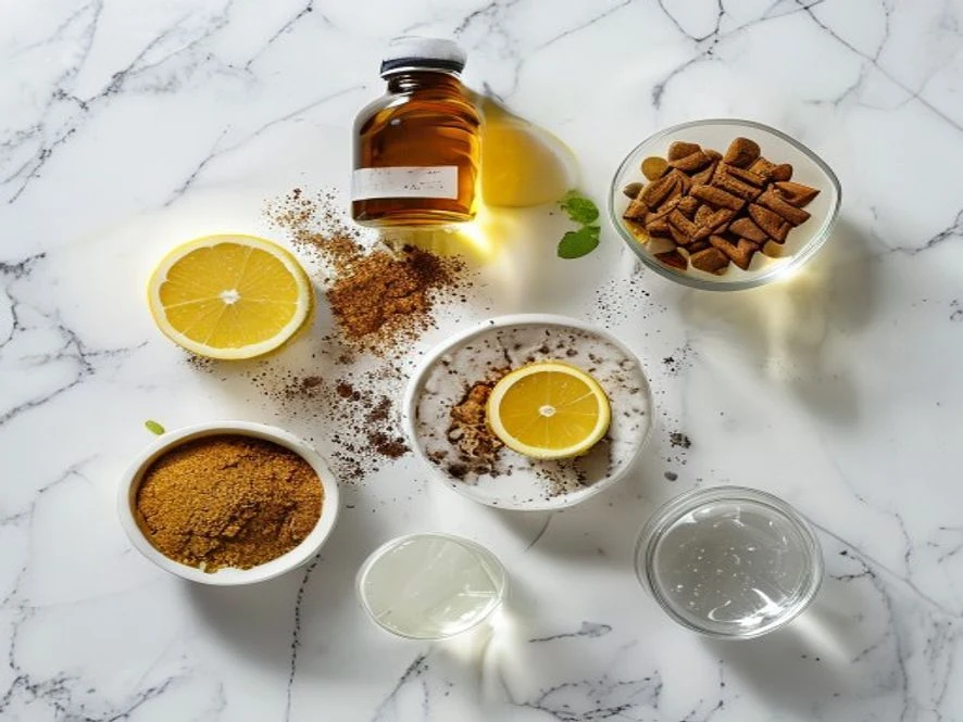glucose reset ritual recipe ingredients flat-lay: ACV bottle, lemon, Ceylon cinnamon, Knox gelatin on marble