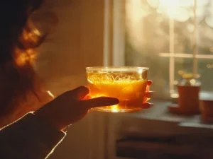 woman holding glucose reset ritual recipe drink at morning kitchen window before breakfast