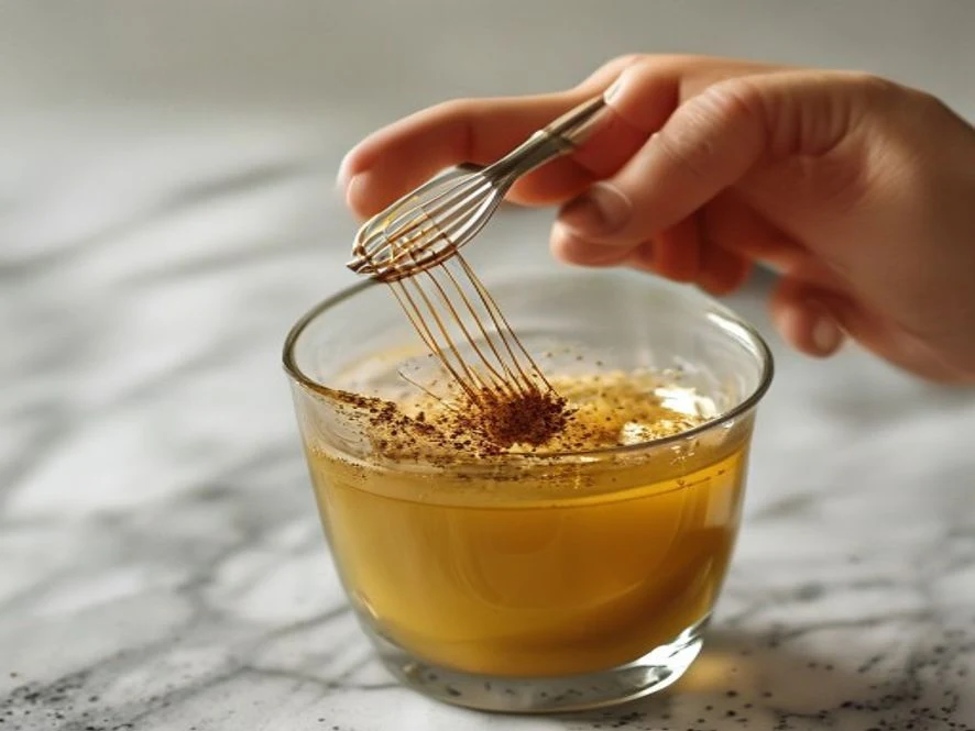 stirring glucose reset ritual drink with a small whisk, cinnamon dissolving in warm amber water
