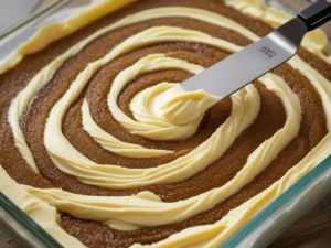 Knife creating cinnamon swirl through honey bun cake batter in 9x13 baking pan