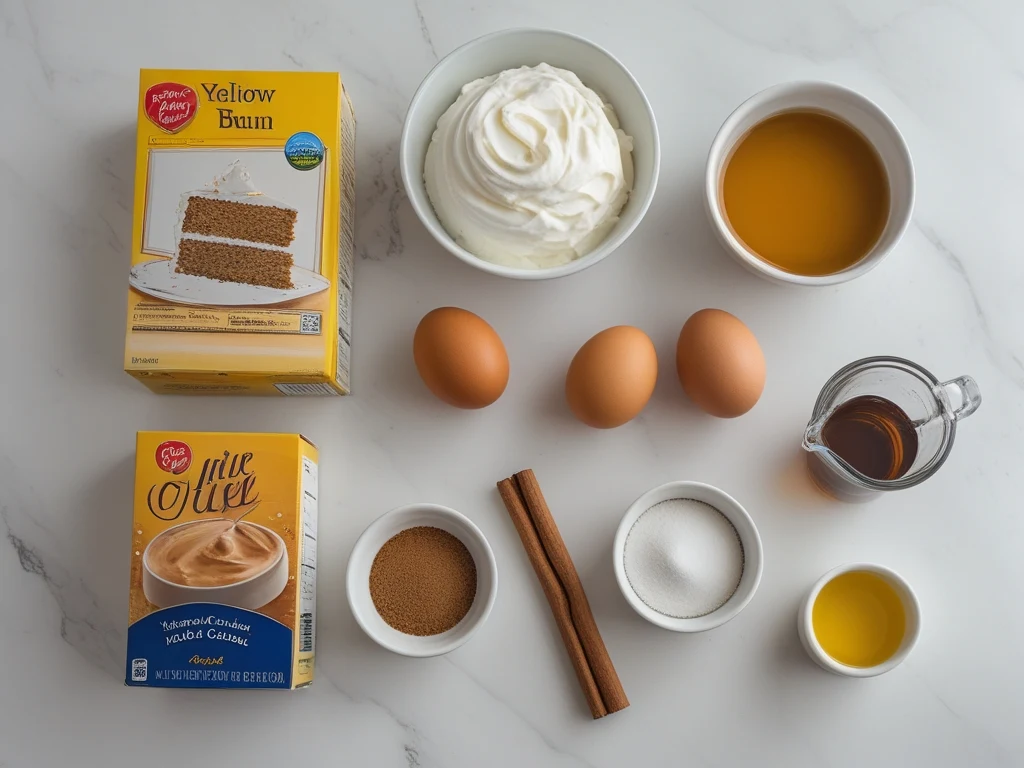Honey bun cake ingredients: yellow cake mix box, sour cream, eggs, brown sugar, cinnamon