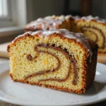 Slice of honey bun cake with cinnamon swirl and vanilla glaze on a white plate