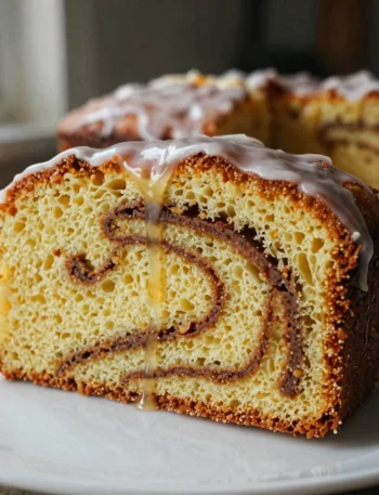 Slice of honey bun cake with cinnamon swirl and vanilla glaze on a white plate