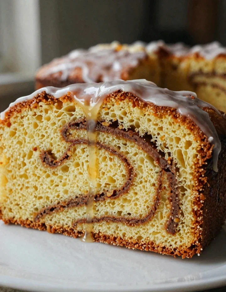 Slice of honey bun cake with cinnamon swirl and vanilla glaze on a white plate