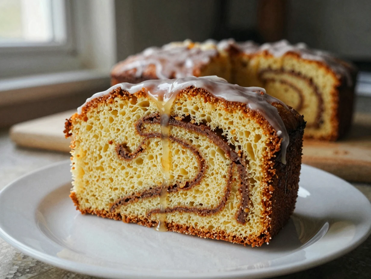 Slice of honey bun cake with cinnamon swirl and vanilla glaze on a white plate