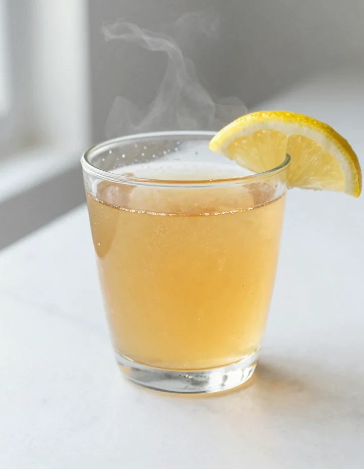 Horse gelatin for men daily tonic — clear golden collagen drink in a glass on a bright kitchen counter with morning light