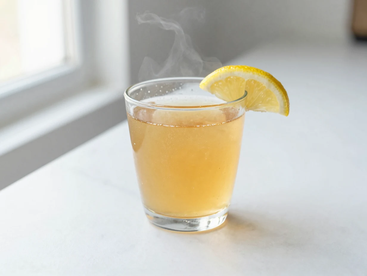 Horse gelatin for men daily tonic — clear golden collagen drink in a glass on a bright kitchen counter with morning light