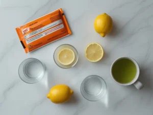 Ingredients for horse gelatin for men tonic — Knox gelatin envelope, lemon, glass of cold water, and cup of green tea on white marble
