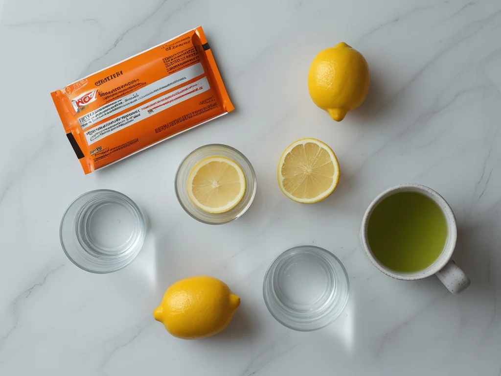 Ingredients for horse gelatin for men tonic — Knox gelatin envelope, lemon, glass of cold water, and cup of green tea on white marble