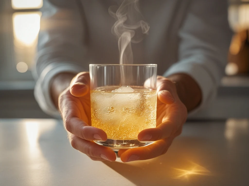 Man holding clear glass of horse gelatin collagen tonic at kitchen counter in morning light