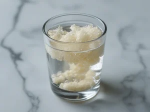 Gelatin blooming in cold water — close-up of Knox gelatin granules absorbing water in a small clear glass