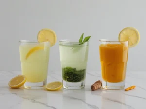 Three horse gelatin tonic variations — plain lemon, green tea, and ginger-turmeric golden drinks in clear glasses