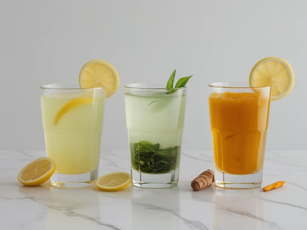 Three horse gelatin tonic variations — plain lemon, green tea, and ginger-turmeric golden drinks in clear glasses