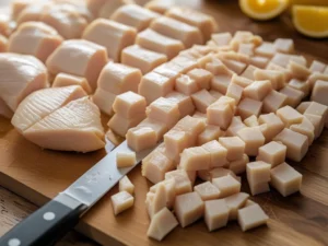 Diced cooked chicken breast cut into half-inch cubes for chicken salad