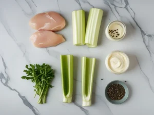 Four ingredients for Jersey Mike's chicken salad: chicken breast, celery, Duke's mayo, black pepper