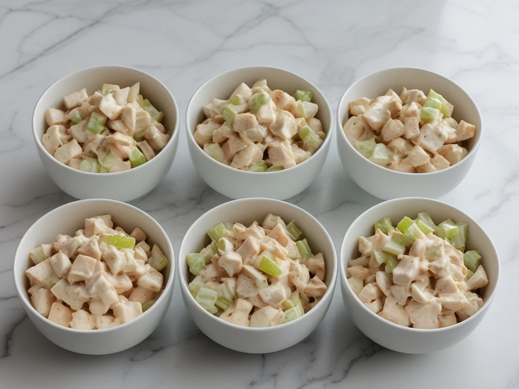 Three bowls of chicken salad made with different mayo brands compared side by side