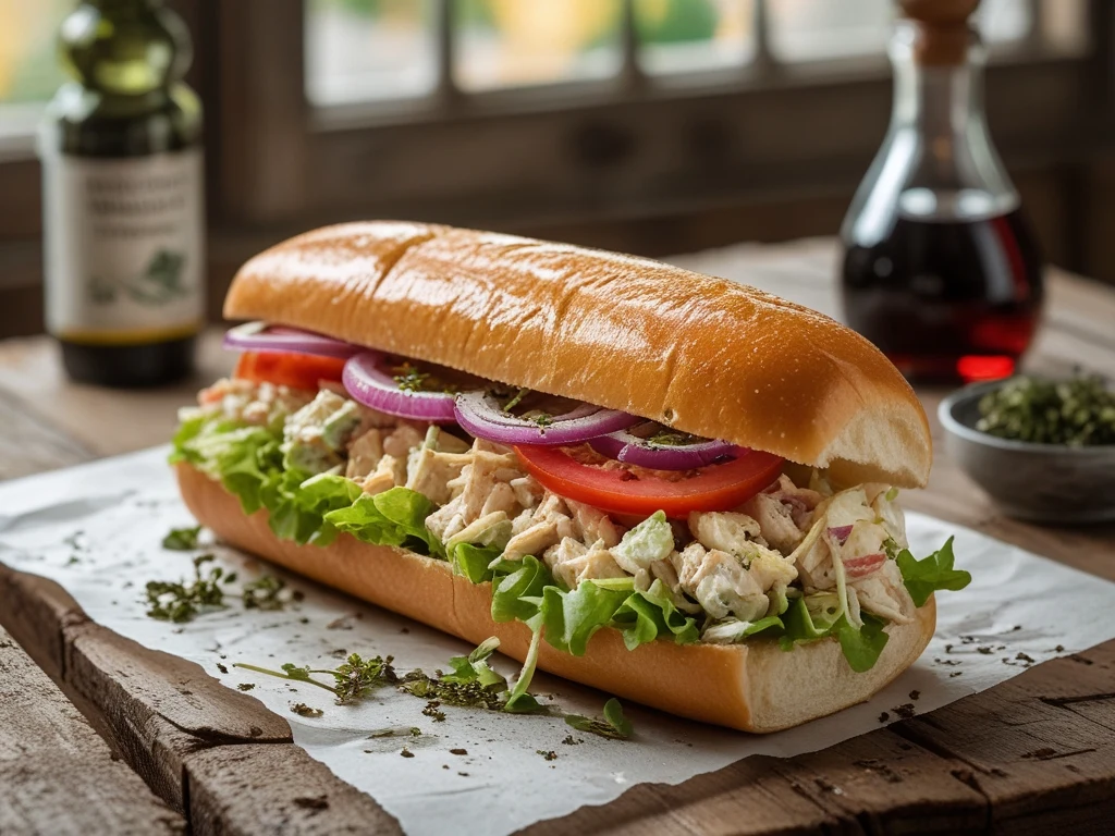 Jersey Mike's chicken salad sub dressed Mike's Way with oil, vinegar, and oregano