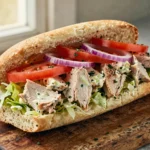 Homemade Jersey Mike's chicken salad on a toasted hoagie roll with Mike's Way toppings