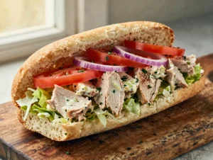 Homemade Jersey Mike's chicken salad on a toasted hoagie roll with Mike's Way toppings