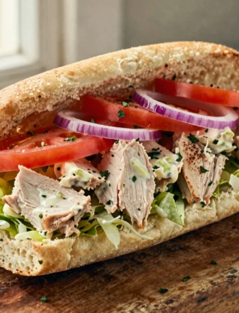 Homemade Jersey Mike's chicken salad on a toasted hoagie roll with Mike's Way toppings