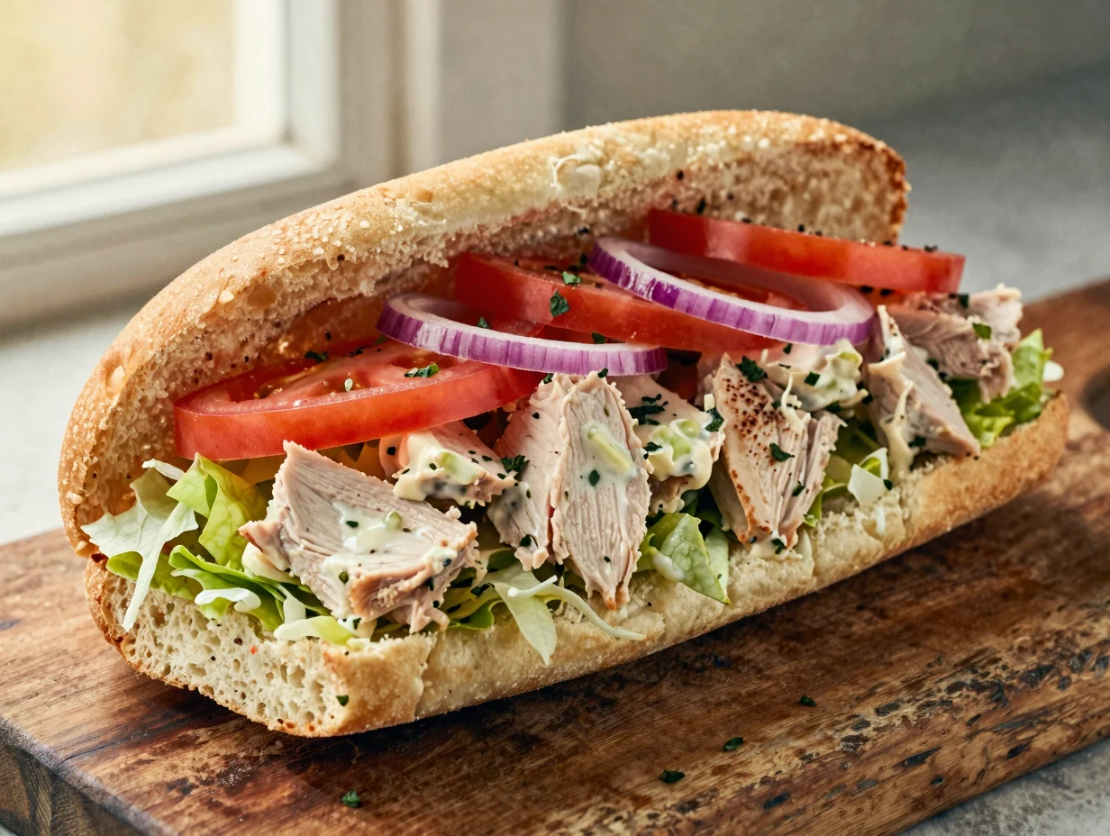 Homemade Jersey Mike's chicken salad on a toasted hoagie roll with Mike's Way toppings
