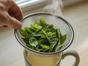 Steeping fresh lemon balm leaves in hot water using a mesh strainer over a ceramic mug