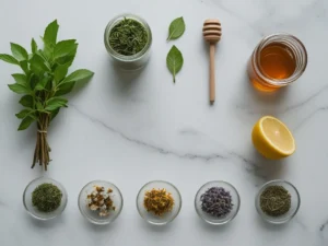 Lemon balm tea ingredients including fresh leaves, dried herbs, honey, and lemon on white marble