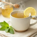 Freshly brewed lemon balm tea in a ceramic mug with fresh lemon balm leaves and honey