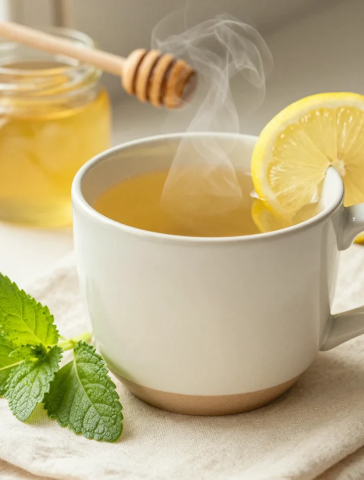 Freshly brewed lemon balm tea in a ceramic mug with fresh lemon balm leaves and honey